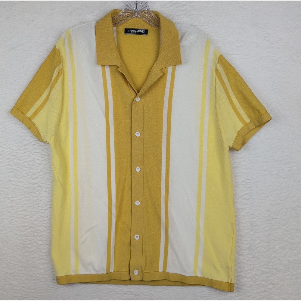 PJ PAUL JONES Button Up Shirt Sz Large Yellow Stripe VISCOSE / POLYAMIDE